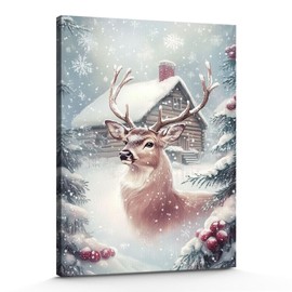 GSPQAZ Winter Reindeer Christmas Wall Art - Rustic Holiday Canvas Print for Cozy Vintage Decor 16x24inch-Unframed