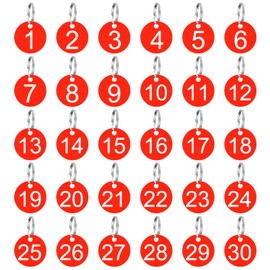 30 Pack Plastic Numbers Tags 1-30 Rond Number Tags with Key Rings, Numbered Keychain Tags for Dormitory Keys House Lockers Red 1-3/8 Inches Number Tags
