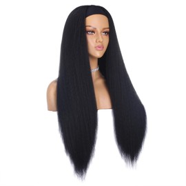 Xtrend 26 Inch Kinky Straight Yaki Headband Wig Long Straight Yaki Synthetic Black Hair Natural Looking Headband Attached Glueless Wigs Easy to Wear for Black Women 1B#