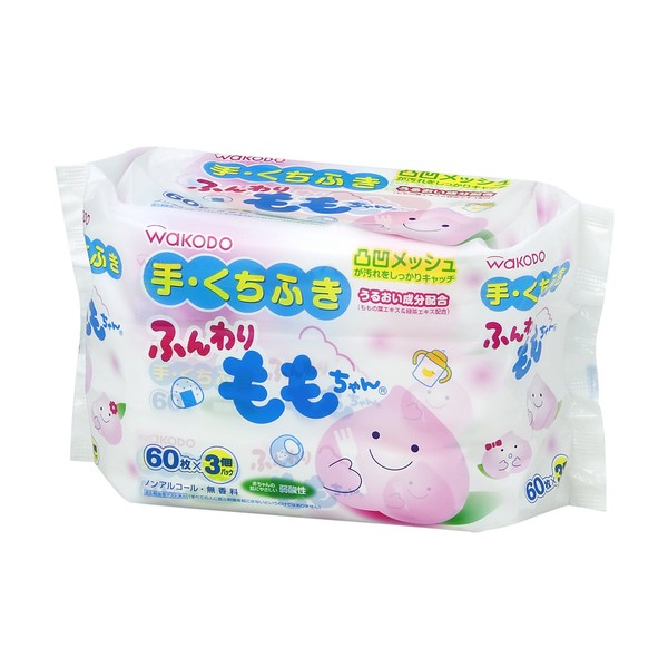 Momo-chan Gentle Hand and Face Wipes 3 x 60 Count Packs