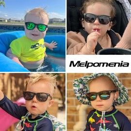 Melpomenia Flexible Bendable Polarized Baby Sunglasses with Strap for Newborn Infant Boys Girls Age 0-24 Months (Matte Black/Grey + Bright Black/Green Mirrored)