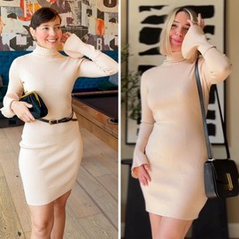 EXLURA Women Sweater Dress Fall Winter Bell Long Sleeve Mini Dresses Turtleneck Pullover Ribbed Knit Stretch Bodycon Dress Apricot
