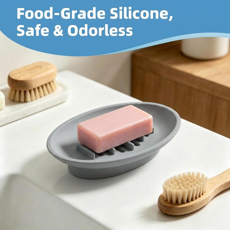 2 Pack Boat-Shaped Silicone Soap Dish with Drain, Self Draining