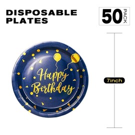 EVYIENEN 50PCS Happy Birthday Party Paper Plates，7inch Disposable White and Gold Plates Set，Party Tableware Party Supplies for Birthday Decorations (Blue and Gold, 7inch)