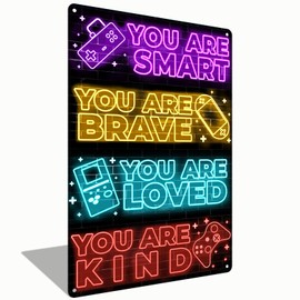 Neon Game Wall Art, Tin Metal Sign Wall Art Decor for Boys Room, Inspirational Quote Wall Decor, Gamer Decorations, Playroom Modern Home Decor, 8x12 Inch (2532)