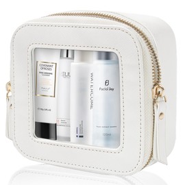 Clear Makeup Bag, Small Makeup Bag For School Leather Mini Makeup Pouch Organizer TSA Approved Clear Makeup Case Pouch with Zipper,Waterproof Square Cosmetic Bag Carry-On Travel Essentials(Mini-White)