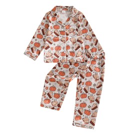 ZAXARRA Kid Baby Girl Boy Satin Pajamas Set Lapel Button Down Silk Shirt Top Pants Children Lounge Clothes Sleepwear Suit (Apricot-turkey, 5-6 Years)