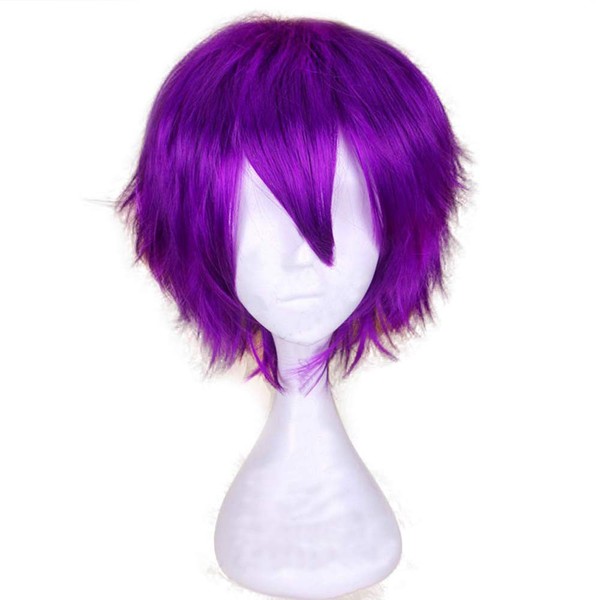 S-noilite Women Men Short Straight Cosplay Wigs Fluffy Hair Tail Anime Party Costume Dress Synthetic Full Wig Oblique Bangs(Purple)