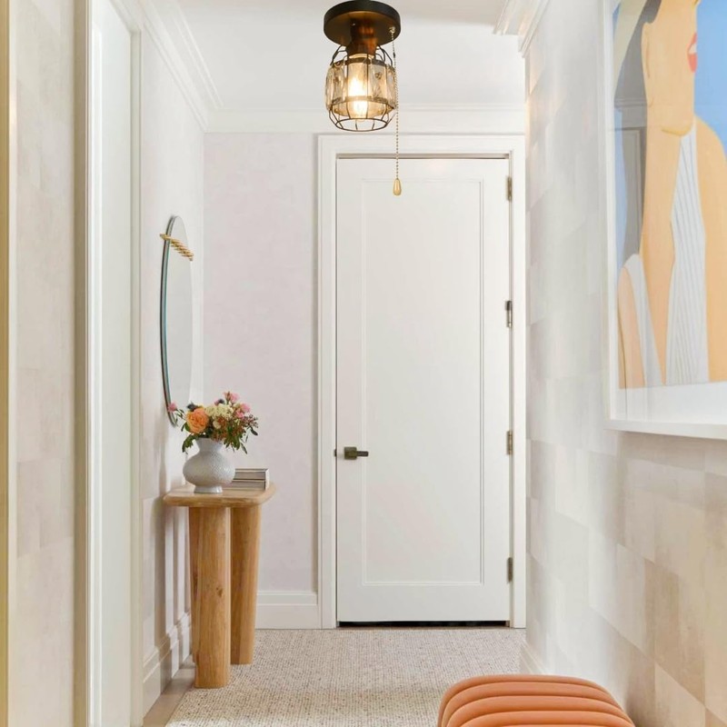 Baiwaiz Crystal Cage Pull String Semi Flush Mount Light, 1-Light