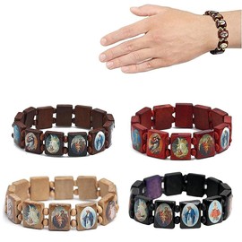 Osuner Wooden Rosary Bracelet, Jesus Elastic Bangle with Pictures of Religious Saints Catholic Holy Gods Goddess Prayer Manifestation Bracelet
