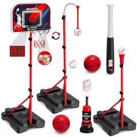 4 in 1 Kids Basketball Hoop and Tball Set for Toddlers 3-5, Adjustable Hanging Tee Ball Stand with Automatic Pitching Machine, Indoor Outdoor Sport Toys Christmas Birthday Gifts for Boys Girls - Style: with scoreboard & LED