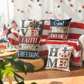 AVOIN colorlife God Bless America Throw Pillow Covers 20 x 20 Set of 4, Faith Family Freedom 4th of July Independence Memorial Day Patriotic Decorations for Sofa Couch