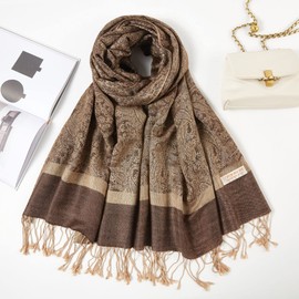Becolored Paisley Acrylic Viscose Blend Scarf Shawl Jacquard Wrap Stole Two Tones Vintage Reversible (42-Brown/Beige)