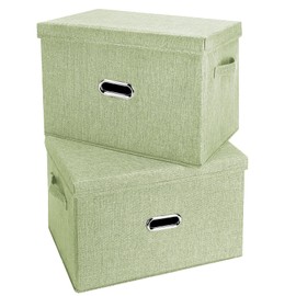 Valease Large Linen Fabric Foldable Storage Bins with Removable Lid and Handles, Washable Storage Box Organizer Containers Baskets Cube with Cover for Bedroom,Office (Green, Extra Large(2-Pack))