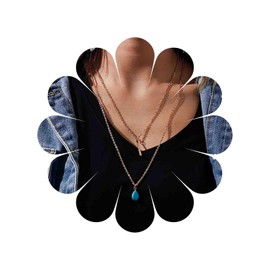 TseenYi Boho Teardrop Turquoise Necklace Layered Turquoise Pendant Necklace Gold Bar Pendant Necklace Vintage Layering Turquoise Water Drop Necklace Jewellery for Women and Girls, Zinc