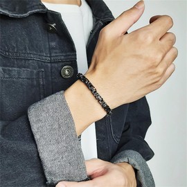 Rockyu Men's Bracelet Black Stainless Steel Chain 6mm High Polished 21cm Length Hypoallergenic Hip Hop Style