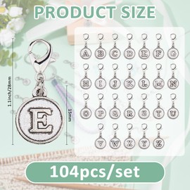 SUPERFINDINGS 104Pcs 26 Letter Clip On Charm Zipper Pulls Charms Alloy A to Z Alphabet Charm with Lobster Clasp Antique Silver Decorations for Keychain Purse Backpac