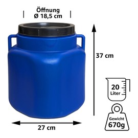 plasteo® 20 Litre Wide Neck Barrel with Lid and Handles, Square, Blue, Food-Safe and BPA-Free, Feeding Bin, Plastic Barrel, Universal Barrel Lid Barrel, Water Barrel, Storage Barrel, Blue