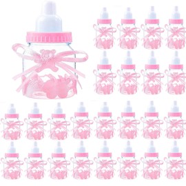 MINGZE 24pcs Candy Bottle Baby Shower, Mini Gift Box Fillable Feeder Style with Bear for Party Favors Holy Communion Supplies Boy Girl Newborn Infant Baptism Christening Birthday Decoration (Pink)