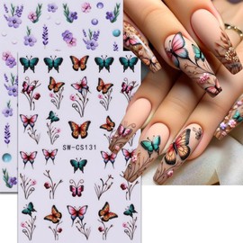 8Sheet Colorful Flower Nail Art Stickers 3D Self-Adhesive Summer Floral Nail Decals Purple Pink Purple Petal Lavender Nail Supplies Cute Daisy Cherry Blossom Nail Accessories for DIY Nail Art Decor