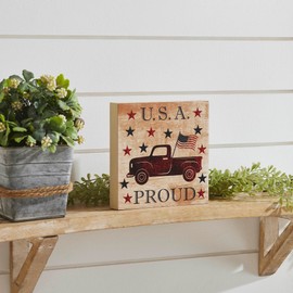 VHC Brands Patriotic My Country USA Proud Red Truck w/Red & Blue Stars MDF Block Sign 6x6x1, Independence Day Decor, Decorative Sign, Rustic Farmhouse Fourth of July Decorations