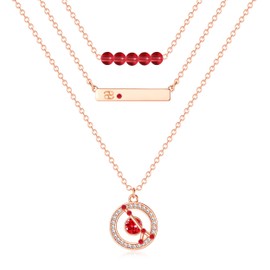 Leafael Dainty Layered Zodiac Necklaces, 18K Rose Gold Plated, Bead Bar Y Pendant Multilayer Necklace, Birthstone Crystals Horoscope, Layering Minimalist Jewelry Birthday Gifts for Women - Ruby Red