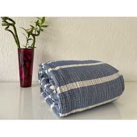 Muslin Blanket 100% Cotton, 4 Layers Bedspread, Soft Turkish Cotton Muslin Bed Cover, Reversible Coverlet, Striped İndigo Blue (Throw 40x71-120x180cm)