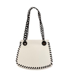 Betsey Johnson XOBRIDGE White/Black Whip Stitched Contrast Black Sides Textured Faux Leather SMALL Saddle Bag Crossbody Handbag