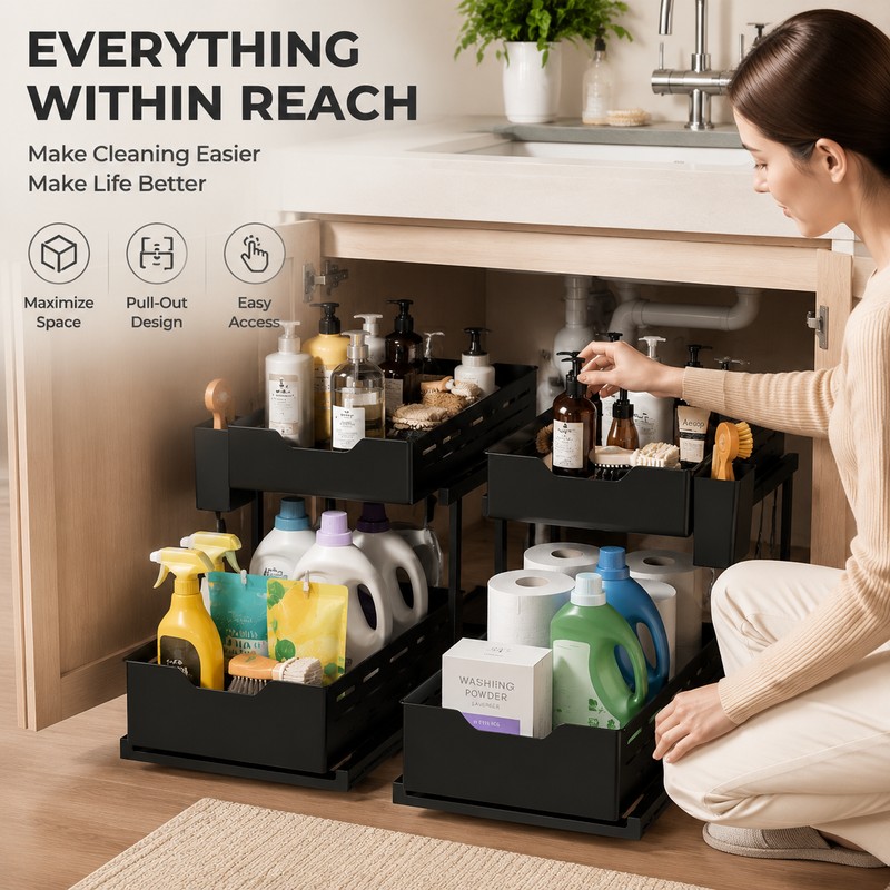 2-Tier Pull-Out Under Sink Organizer for Kitchen & Bathroom Storage