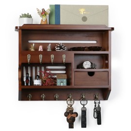 HEKFL Key Holder for Wall, Mail Organizer Wall Mount with Storage Drawer and 10 Hooks, Easy Installation Key Holder Wall Mount for Home Decor, Walnut