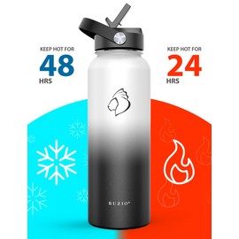 BUZIO Insulated Water Bottle with Straw Lid and Flex Cap, 40oz Modern Double Vacuum Stainless Steel Water Flask, Cold for 48 Hrs Hot for 24 Hrs Simple Thermo Canteen Mug, White and Black