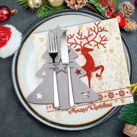 Pack of 12 Cutlery Holders Christmas Felt Christmas Tree Red + 20 Pieces Christmas Napkins Christmas Tree Motif, Table Decoration Christmas, Christmas Tree Cutlery Bags for Christmas Table Decoration