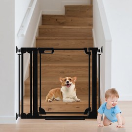 AiWMGL Clear Baby Gate 29.13-37.79" Wide Acrylic Safety Proof Dog Puppy Pet Barrier for Stairs, Transparent Adjustable Pressure Mounted No Drill Auto Close Indoor, Doorways, Hallway,Black