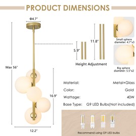 Jonsi Modern Pendant Light 5 Light Gold Globe Pendant Light Fixture Mid Century Chandelier Indoor Hanging Light Fixture for Kithchen Island Dinning Room Bedroom