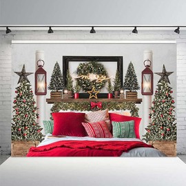 MEHOFOND 7x5ft Red Christmas Headboard Bed Backdrop Kids Portrait Photography Winter Holiday Family Picture Photoshoot Merry Xmas Tree Photo Background Party Decor Banner