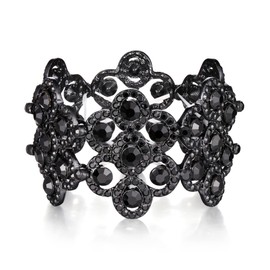 Flyonce Wedding Bridal Bracelet for Brides, Women's Austrian Crystal Art Deco Floral Stretch Black Black-Tone