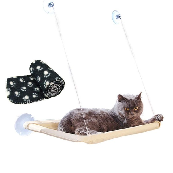 JZK Window hammock for cats + cat blanket, suction cup pets hanging bed and black pet blanket for cat perch
