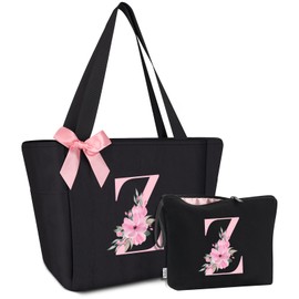 Vavabox Tote Bag, A-Z Initial Monogrammed Waterproof Tote Bag, Bridesmaid Gifts for Women, Black and Pink (Z, Black Set)