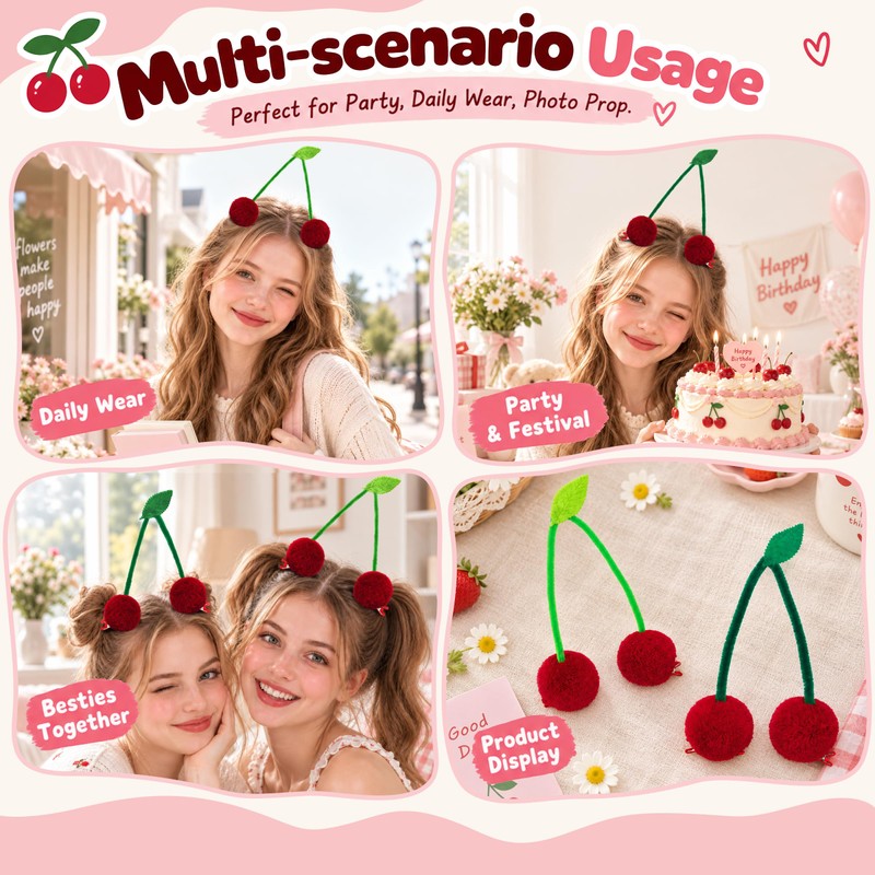 4PCS Cherry Hair Clips Pom Pom Cherry Bun Accessories