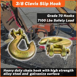 HENBOW 3/8" Chain Hooks,Clevis Slip Hooks with Safety Latch,7100LBS Work Load Limited Capacity,Yellow Zinc G70 Alloy Forged Steel Tow Grab Hook Heavy Duty for Trailer Truck Transport(4 Pack)