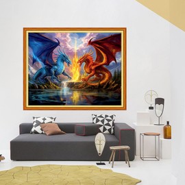 Foxhool Stamped Cross Stitch Kits,11CT Printed Cross Stitch Pattern Full Embroidery Kits for Beginner Needlepoint Kits-Two Dragons 16x20 inch