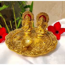 Aluminium Golden Color Plated Laxmi Ganesha Idol with Platter Plate for Puja Diwali Gift Items Deepawali Decorations Indian Dhanteras Pooja Statue Thali