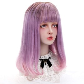 Full Wig, Semi-Long, Everyday Use, Straight, Natural, Whorl, Synthetic Hair, Heat Resistant, Fashion (Pink), Pink