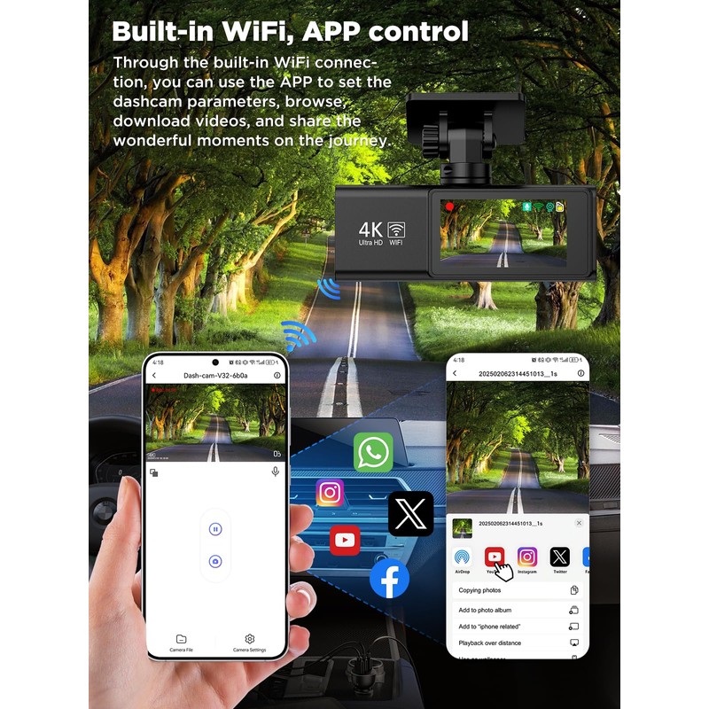 SAVUSCAM Dash Cam 4K + 1080P, WiFi Dash Cam Front