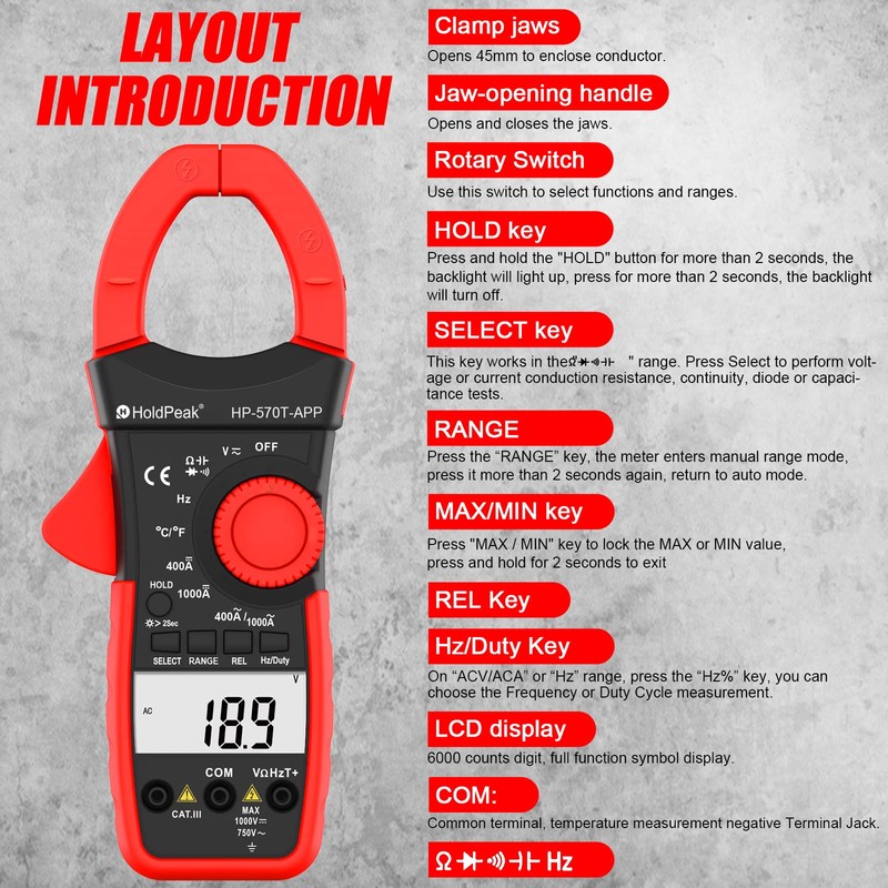 HOLDPEAK Handheld Clamp Meter with Bluetooth via APP, HP-570T-APP Digital