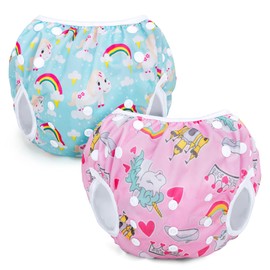 Teamoy Set of 2 Baby 0-3 Years Old Water Play Pants Adjustable Button Waterproof Swimming Classroom Park Beach Pool (Unicorn Pink+Unicorn Blue)