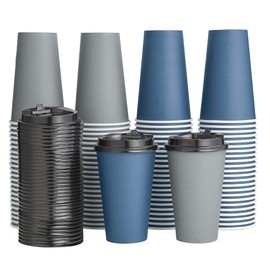 100 Pack 16 oz Paper Coffee Cups, Disposable Coffee Cups with Lids, Drinking Cups for Cold/Hot Coffee, Water, Juice, or Tea. Hot Paper Coffee Cups for Home, Restaurant, Store and Cafe.(Blue and Gray)