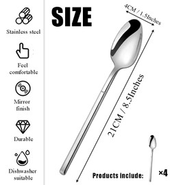 MIUPOO Stainless Steel Dinner Spoons Set,Long Handle Table Soup Spoon Set,Asian Korean Spoons with Long Handles,Thick Heavy Weight Silverware,8.5Inches,4 Pieces,Silver