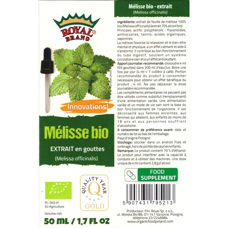 Melissa or Lemon Balm (Melissa Officinalis) Leaves/Organic/Liquid Extract Drops 50