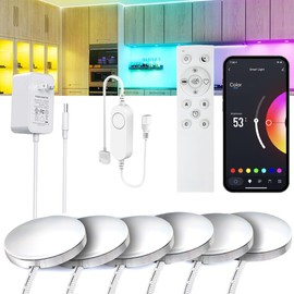 6 PCS Aluminum Round WiFi RGB Under Cabinet Lights Kit,Compatible with Alexa,Google Assistant,App and 2.4G RF Remote,Music Sync LED Light with Timmer Dimmable Under Counter Lights for Kitchen Bedroom